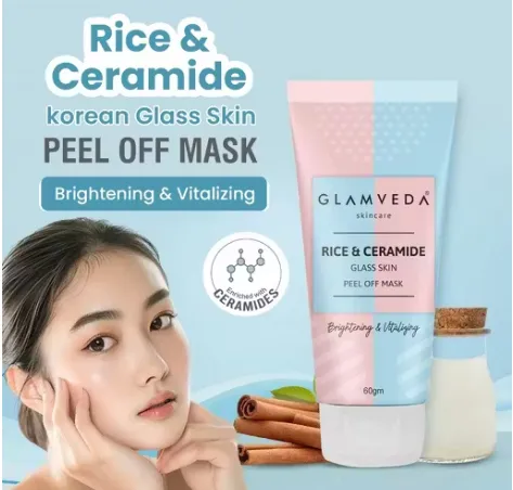 Glamveda Korean Rice & Ceramide Glass Skin Peel-Off Mask 60g (Pack Of 1) | Instant Brightening & Anti-Aging | Evens Skin Tone & Glowing Complexion | For Combination & Dry Skin |
